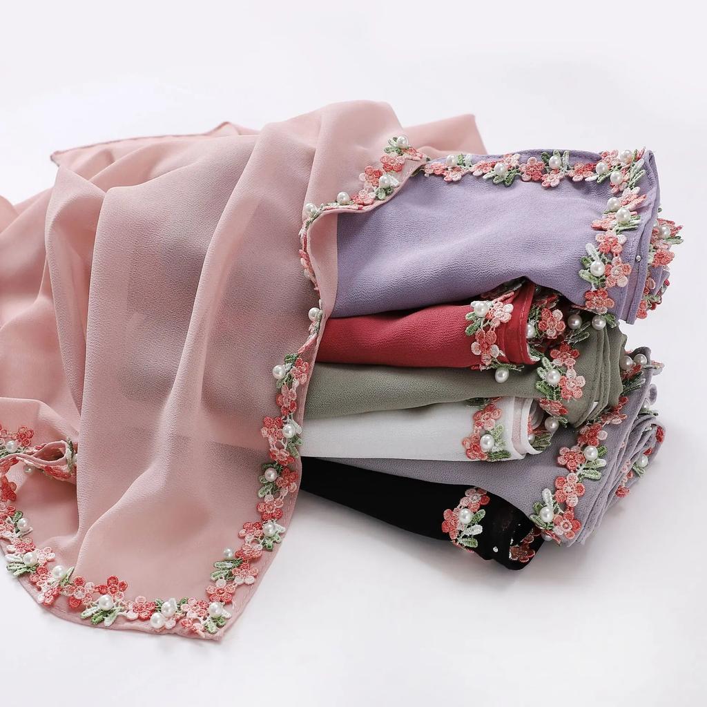 Chic Floral Lace Beaded Scarf - Floral Muslim Hijab Shawl, Fresh Sweet Square Headwrap for Women
