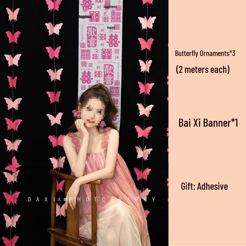 3D Butterfly Wedding Room Decoration Set: Double Happiness Curtains and Pull Flower Ornaments
