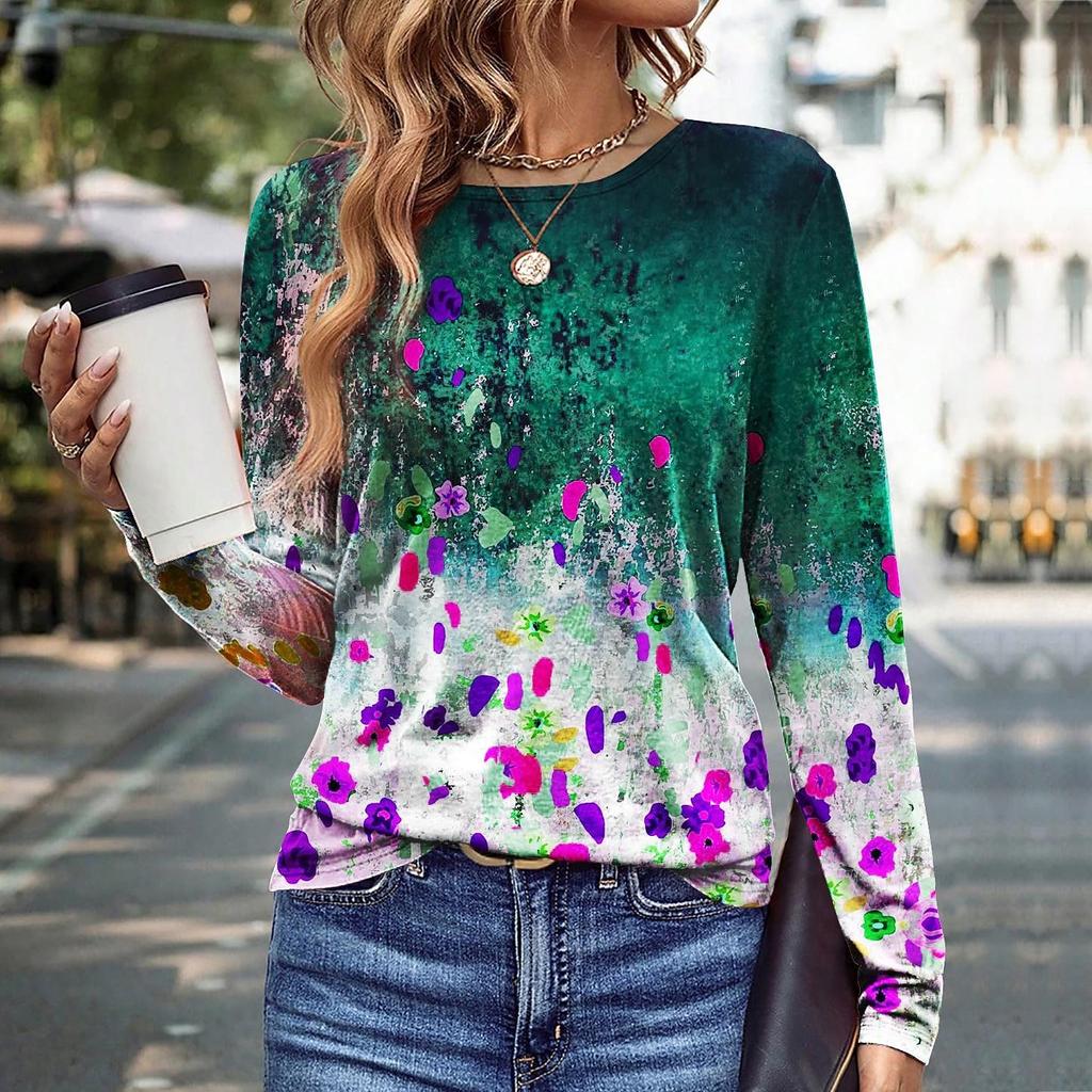 Spring and Autumn Round Neck 3D Gradient Floral Printed Top Fashionable Casual Long Sleeved Women's T-shirts