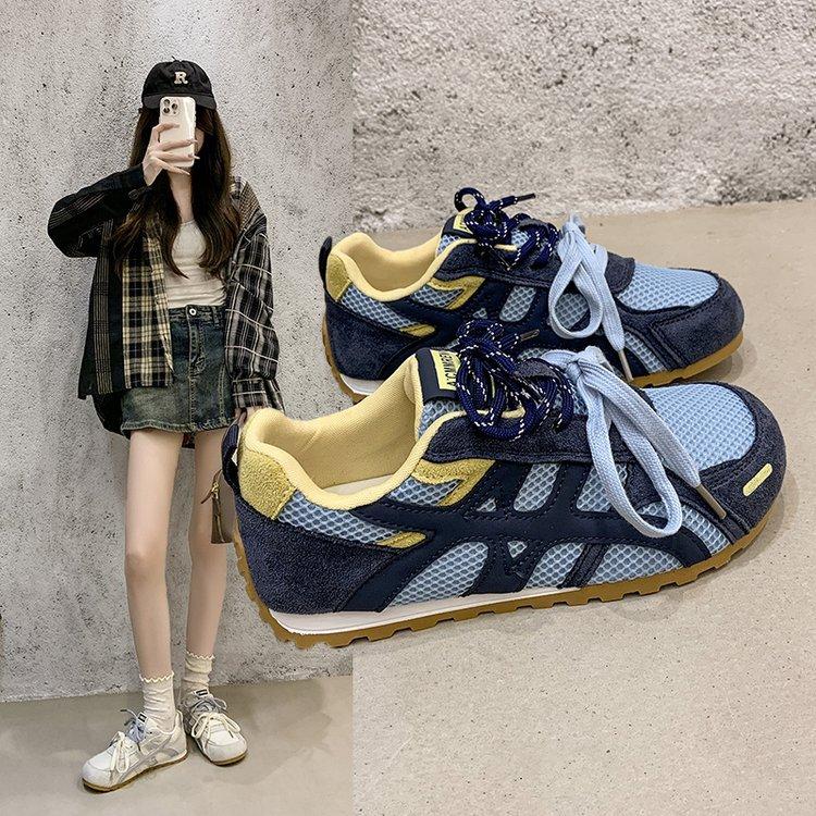 Double color ribbon~ leather inner height increase German training shoes women's 2025 summer thin mesh super soft ballet sports and leisure shoes