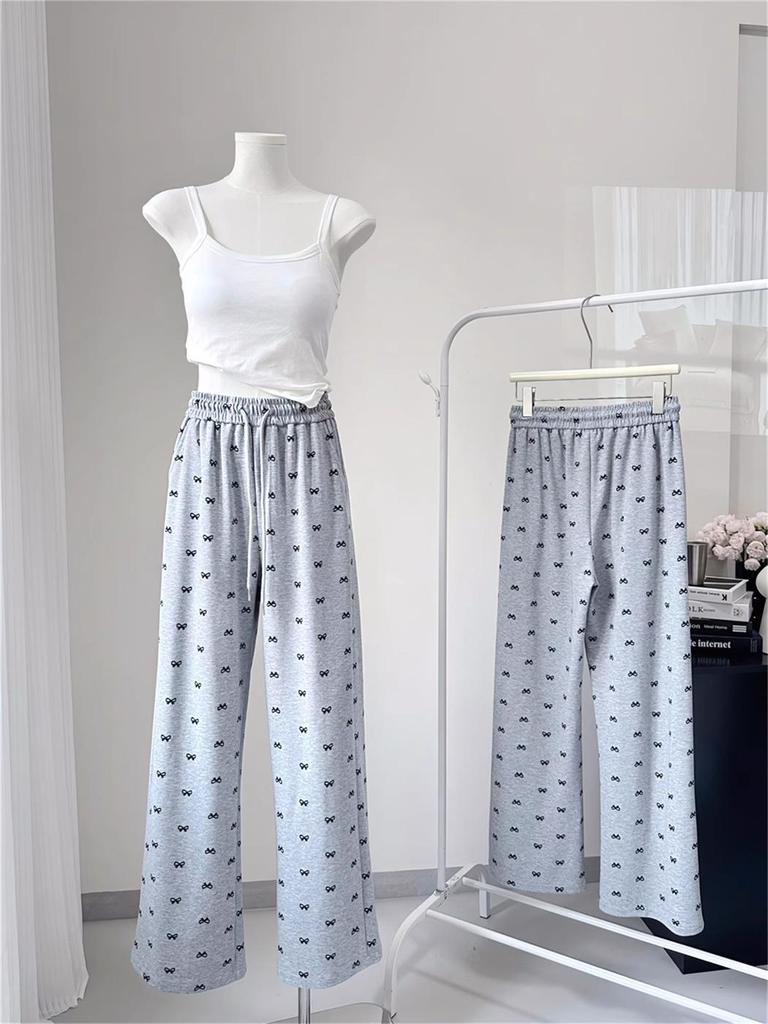 Petite High Waist Wide Leg Bow Print Pants - Spring/Autumn