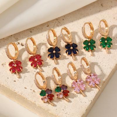 1 Pair Fashion Four-leaf Flowers Dangle Earrings for Women Cubic Zirconia Jewelry Daily Wedding Party Accessories