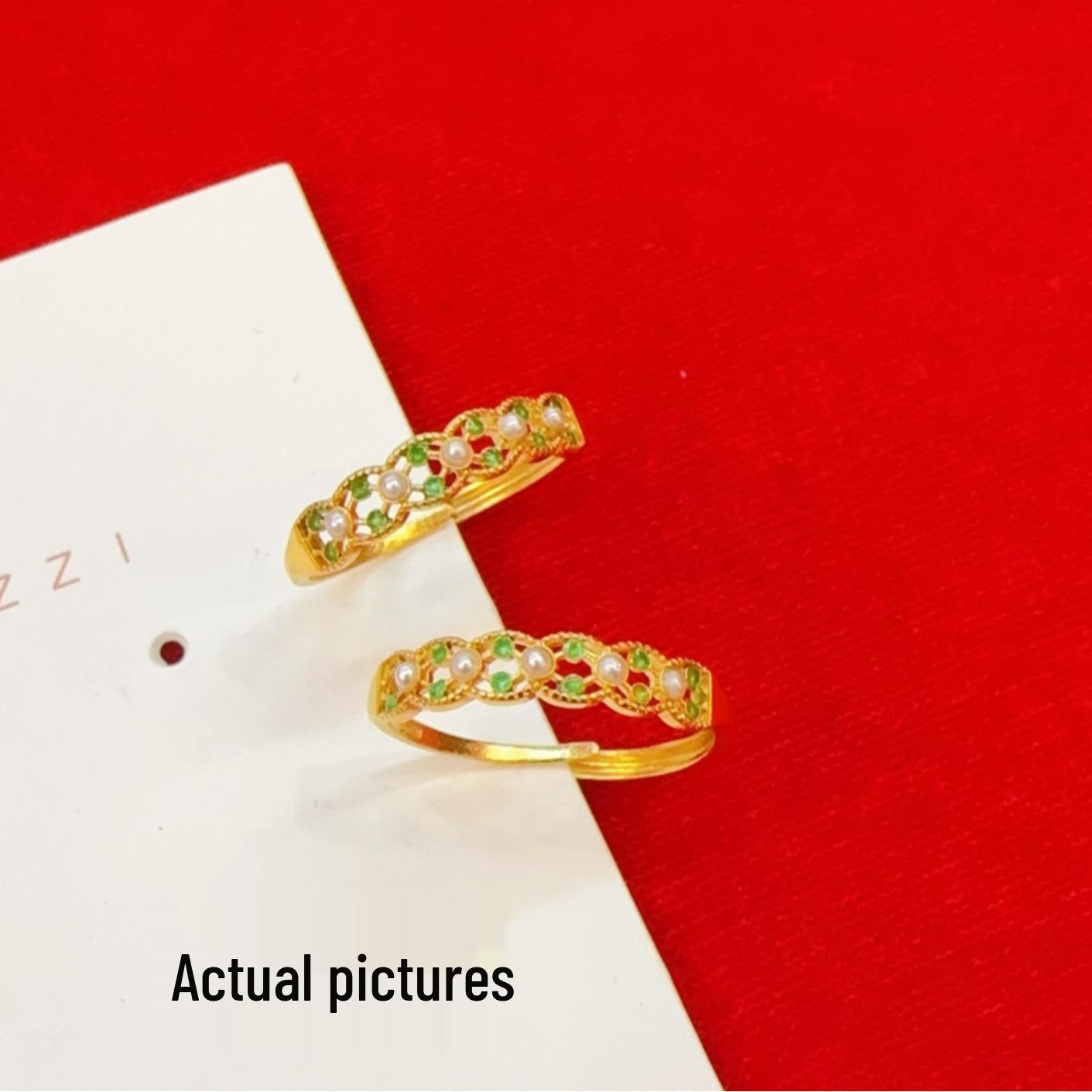 Золотое плетеное кольцо с филигранью  Жуи  и эмалью с бериллом - Китайский роскошный дизайн для женщин Adjustable Open Size