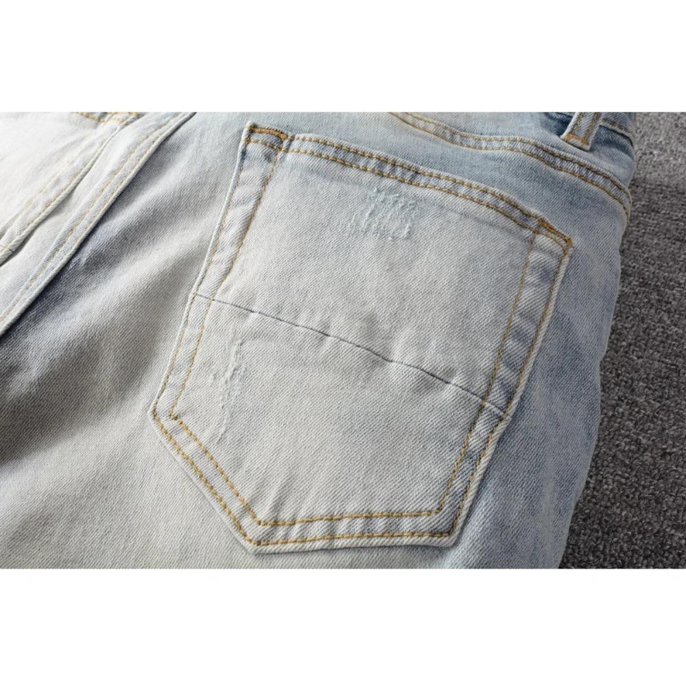 ZYLLO Pánské křišťálové dírkované roztrhané patchworkové džíny Streetwear Světle modrá džínovina Úzké slim džíny tužkového střihu Kalhoty