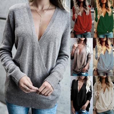 Women's Knitted Deep V-Neck Long Sleeve Wrap Front Loose Sweater Pullover Jumper