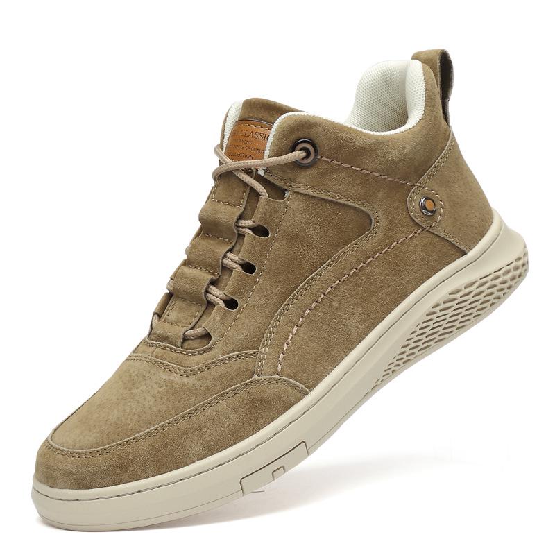 Men s Mid-Top Suede Sneakers: Round Toe, Breathable, Lace-Up, Non-Slip Rubber Flat Sole 40 хаки