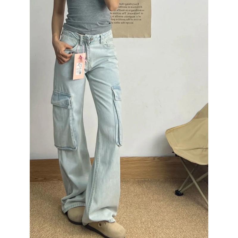 College style light-colored wide-leg tooling jeans women's winter new high-waisted loose and thin straight floor pants