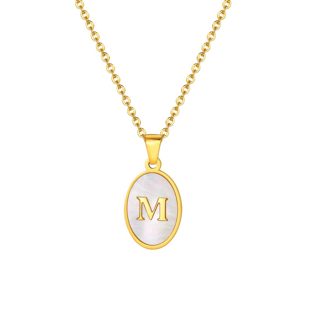 Stainless Steel Oval White Shell Letter A-Z Initial Pendant for Women,Gold Plated 26 Letters Necklaces,Trendy Jewelry Gift