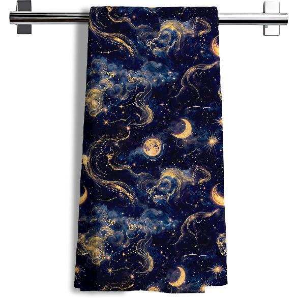 Mystical Moon and Star Kitchen Towels, Navy Blue Celestial Sky Hand Towels for Bathroom, Astronomy Gifts Dish Tea Towels for Kitchen, Celestial