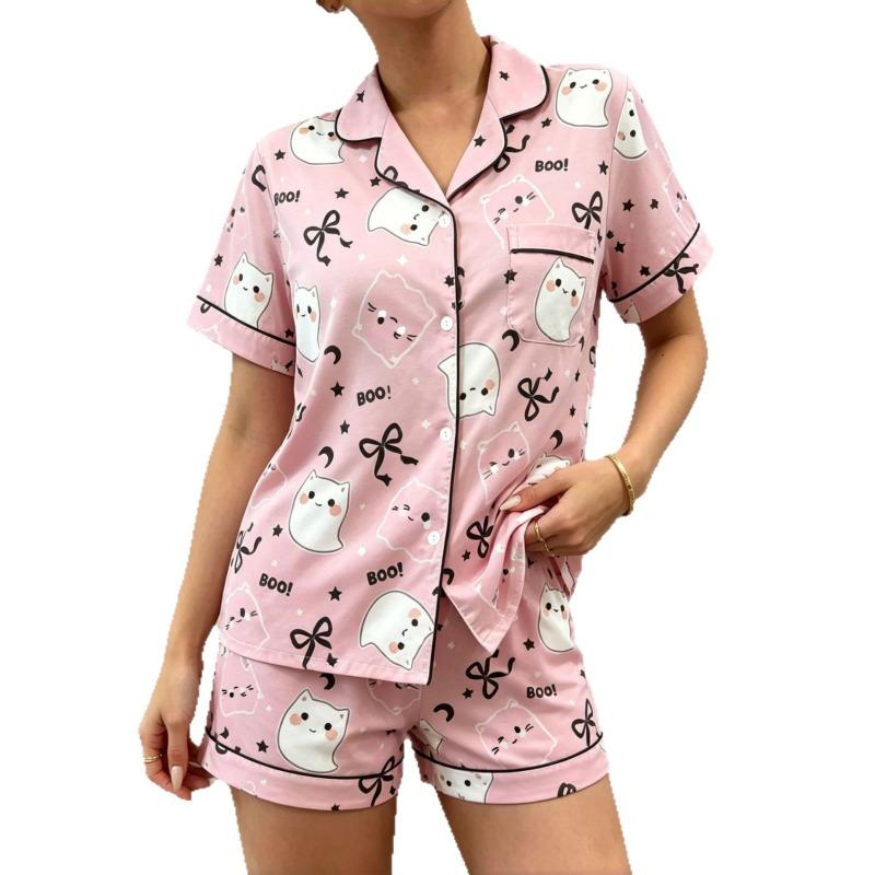 Conjunto de Pijama Casual de Moda Estilo Europeo con Estampado de Hadas, Cuello, Manga Corta y Pantalones Cortos