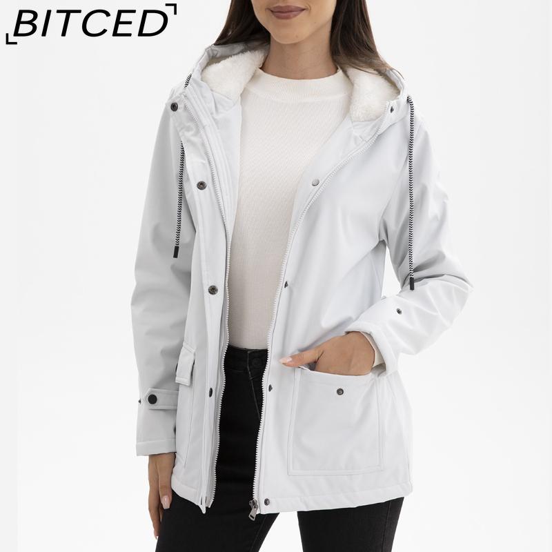 BITCED Women's Spring/Autumn Hooded Trench Coat with Fleece Lining and Water-Repellent Finish Long-Sleeved Zip-Up Cardigan