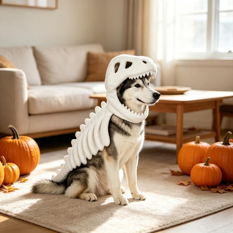 Halloween Dinosaurierskelett Kostüm für Haustiere, Skelettschädel und Rippen Design Outfit mit gepolsterter Wirbelsäule und Schwanz für Hunde und Katzen Cosplay