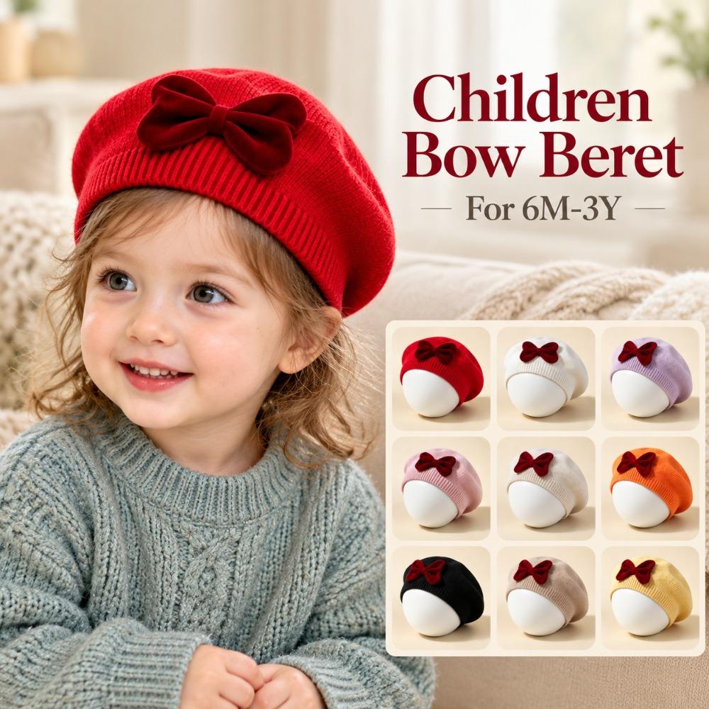 Comfortable Children Bow Beret Solid Color Kid Beret Cap Sweet Girls Bow Hat For 6M-3Y