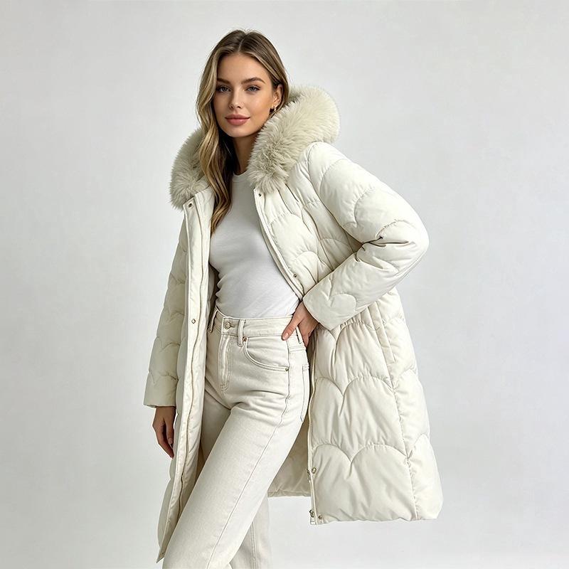 New cotton-padded women's medium and long styles, thickened, slim, thin and warm, fashionable big fur collar cotton-padded women's clothes