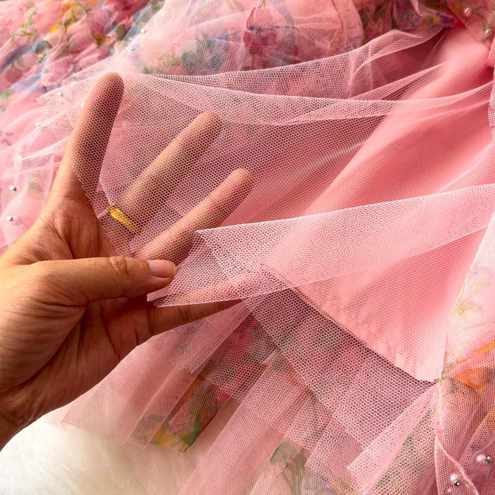 DIMANAF 2025 Summer Women Skirts New Elastic Waist Pleated Mesh Elegant Skirts