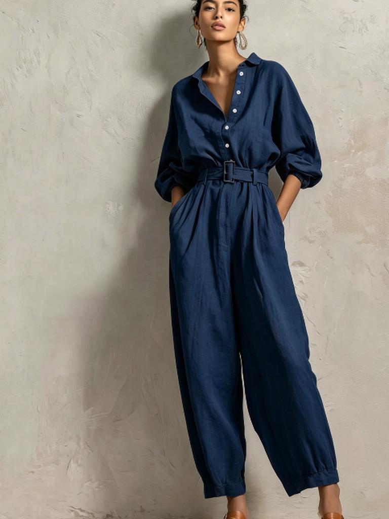 Autumn New Arrivals Women's Linen Casual Long Sleeve Jumpsuit
