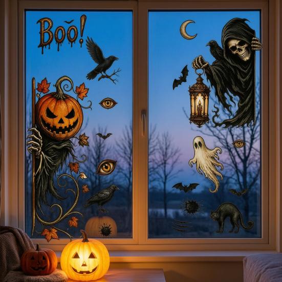 Indoor Outdoor Holiday Decorations 6Pcs Halloween Window Stickers, Ghost Pumpkin Grim Reaper Wall Decals, Large Decorative Scene Murals