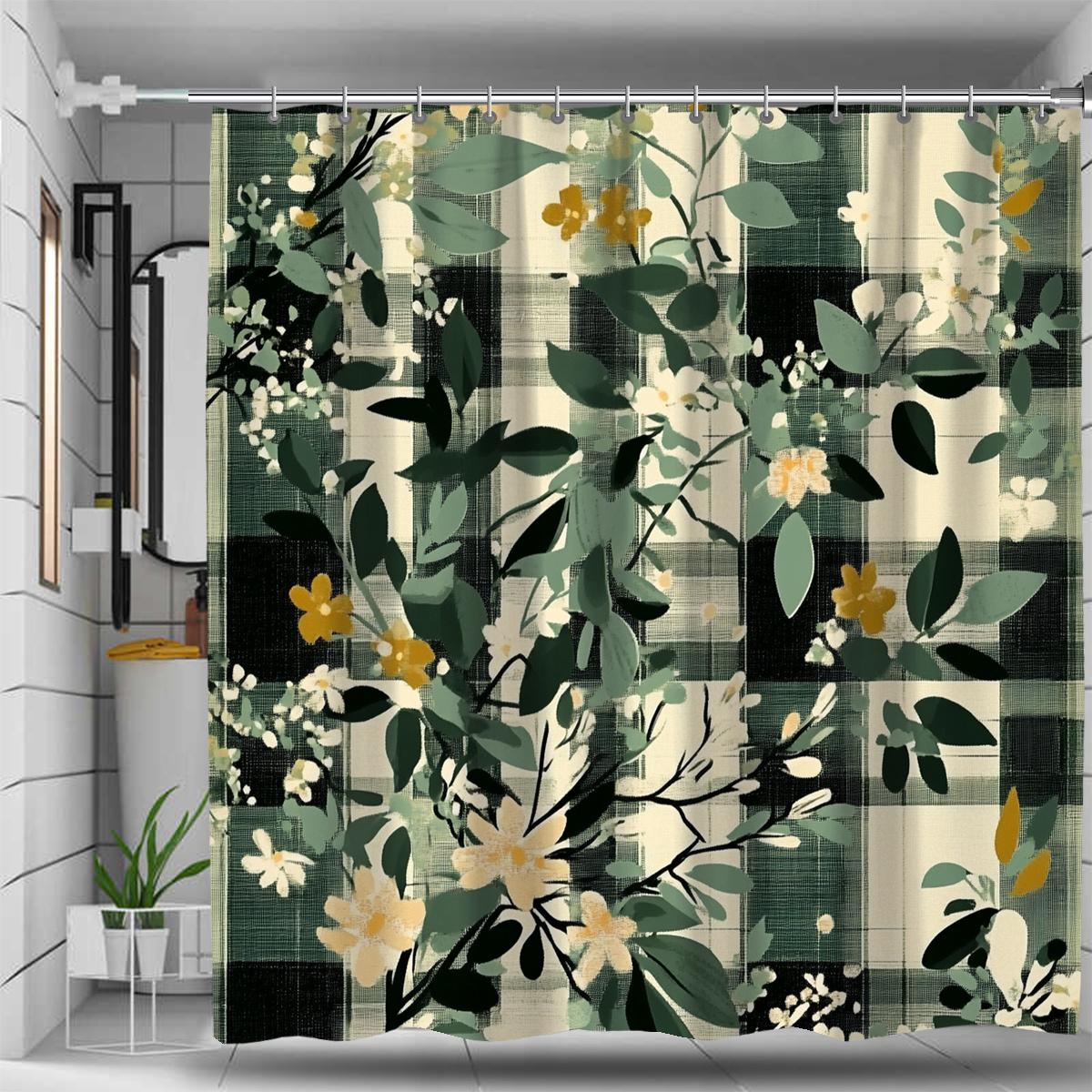 

1pcs Creative Checkerboard Digital Printed Shower Curtain, Four Seasons Bathroom Decoration, Fashionable Floral and PlaidPattern 90X180cm