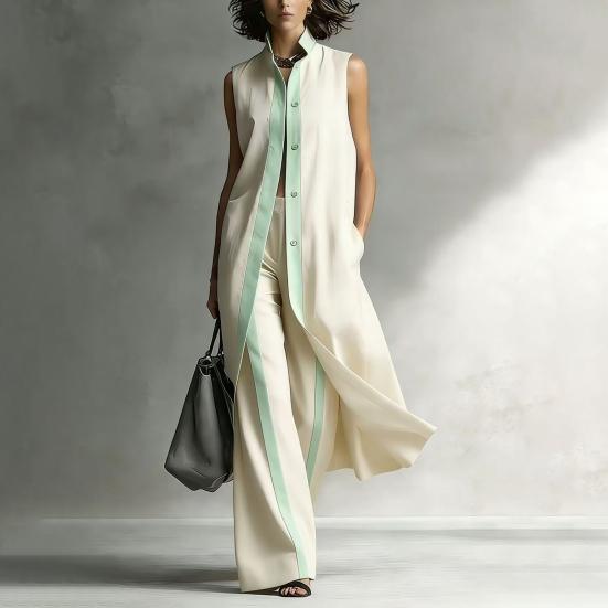 Women's 2 Piece Sets Color Block Sleeveless Button Down Shirts Matching Long Pants with Pockets Summer Casual Vacation Outfits
