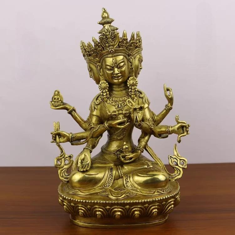 

Feng Shui Tibetan and Nepalese Copper Statue of The Three-sided Eight-armed Guardian Buddha Statue