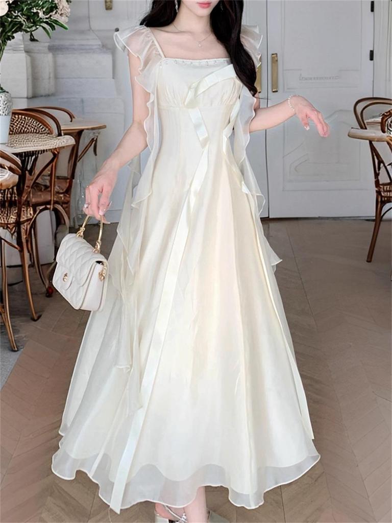 Elegant Summer Bow Ribbon Square Neck Dress for Women