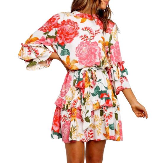 

Женское короткое платье с цветочным принтом, круглым вырезом и рукавами 3/4 с оборками, платье-свинг с поясом, бохо, многоярусное, с оборками, А-силуэта, свободное, мини-платье S