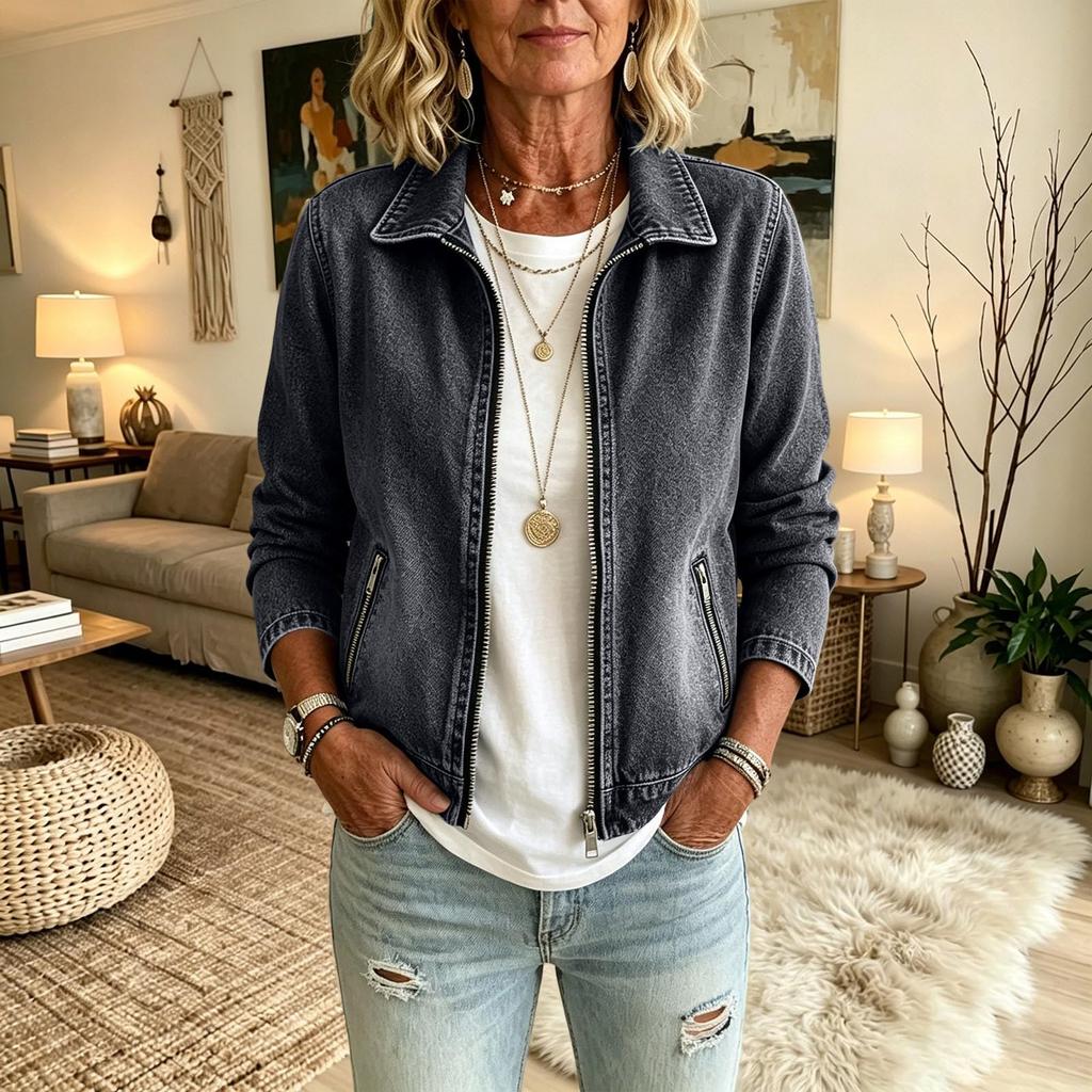 Giacca di Jeans da Donna a Maniche Corte, Felpa con Cappuccio e Zip, Collo, con Tasche
