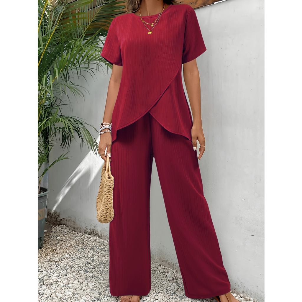 Women's Round Neck Short Sleeve Loose Fit Solid Ribbed Irregular Hem Top Wide Leg Pant Two Piece Casual Loungewear Outfit Set