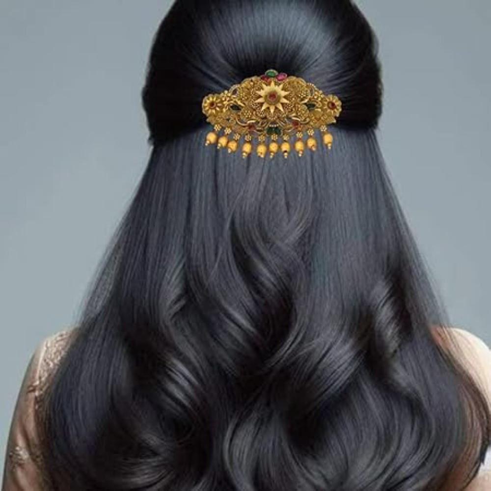 Traditional Gold-Plated Hair Barrette Clip With Floral Design And Beads Danglers (Design-1)