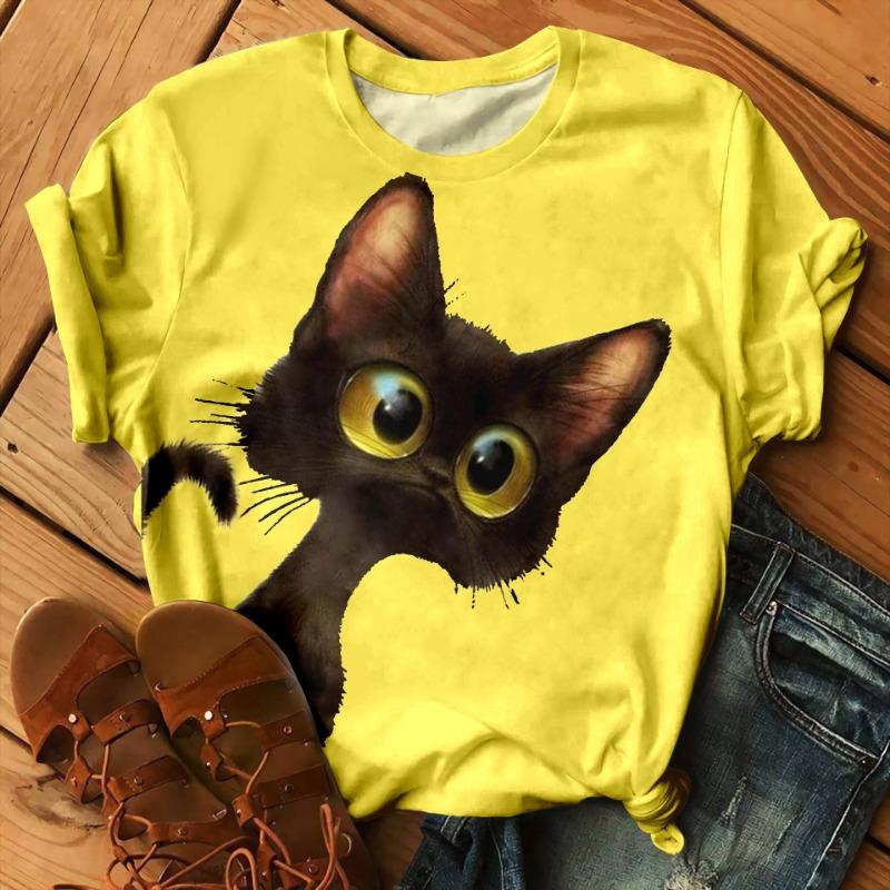 Roztomilá malá černá kočka Obrázek 3D digitální tisk Volné oversized dámské letní tričko s krátkým rukávem s kulatým výstřihem