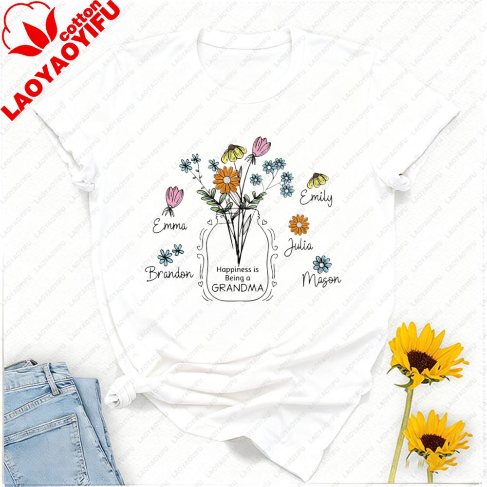 Custom Floral Grandma Nana Cotton TShirt with Grandkids Name Gift for Grandma Mothers Day Tee Personalized Grandma Shirt Tops