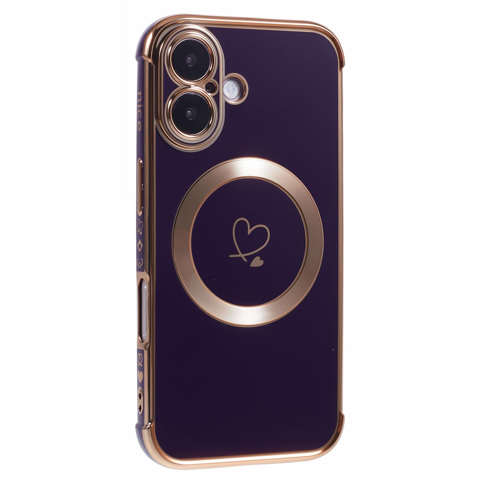 

For iPhone 16 Plus Case Compatible with MagSafe Electroplated TPU Phone Cover Hollow Love Hearts Dark Purple