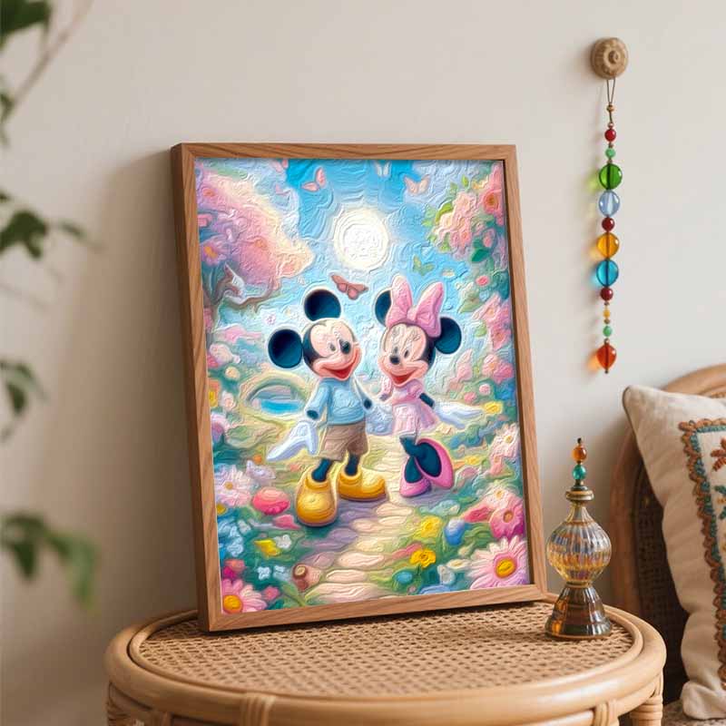 Disney Mickey Mouse Minnie Mouse Oil Painting Art Garden Floral Romantic Handmade Diy Painting Home Decoration Gift