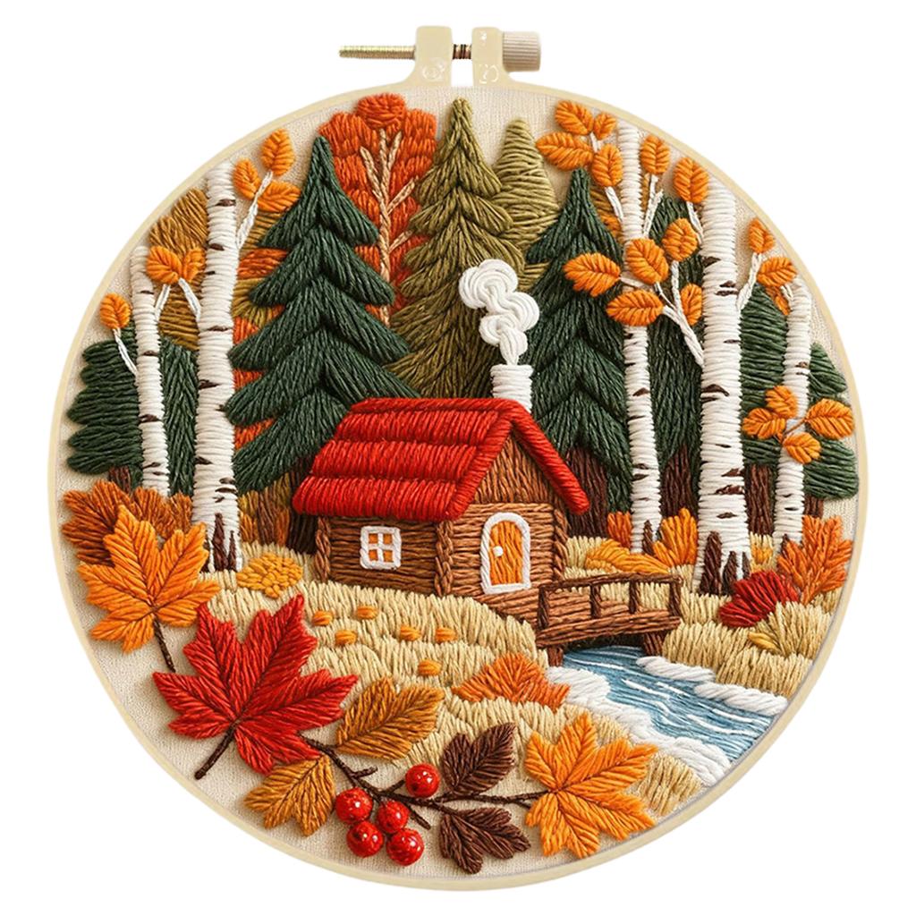 Autumn DIY Stitches Kit with Embroidery Hoop Hand Sewing Kit 29x29cm Starter Embroidery Kit for Beginners Craft Lovers Gift