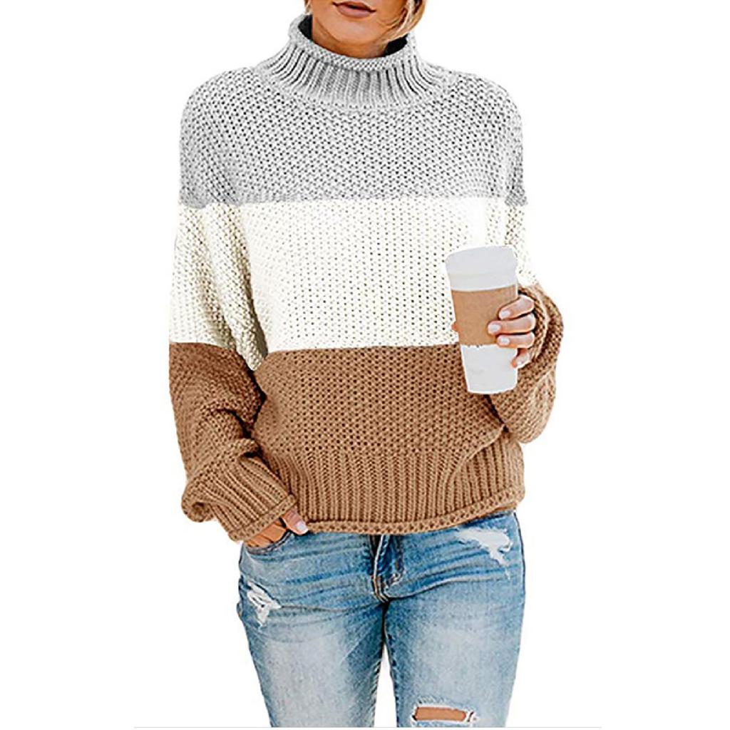   Winter Women Knit Color Matching Round Neck Loose Casual Sweater Tops