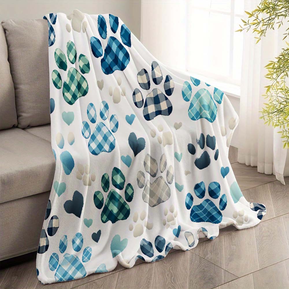 1Pc  Blue Plaid Paw Print Heart Soft Fleece Throw Blanket For Pet Lovers Cozy Warm Decorative Blanket For Couch Bed Sofa