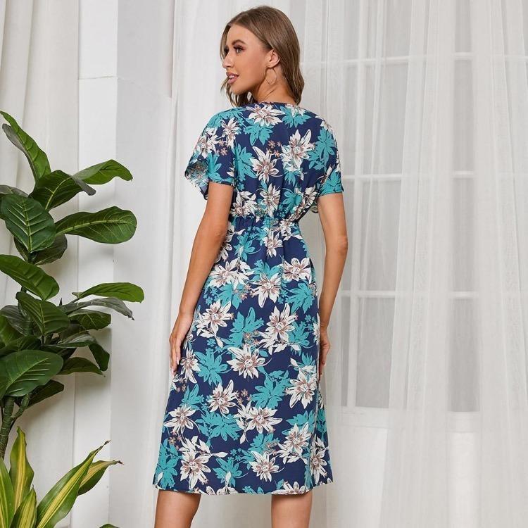 Women Floral Chiffon Casual Summer Dress V Neck Short Sleeve High Waist Swing Long Chic Sizes S To XL