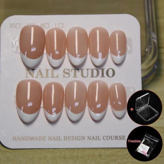100% HANDMADE Short Almond Shape Nude French Tip Artificial Press On Nails Ultimate Minimalist Fake Nails Set With Glue Reusable And Removable