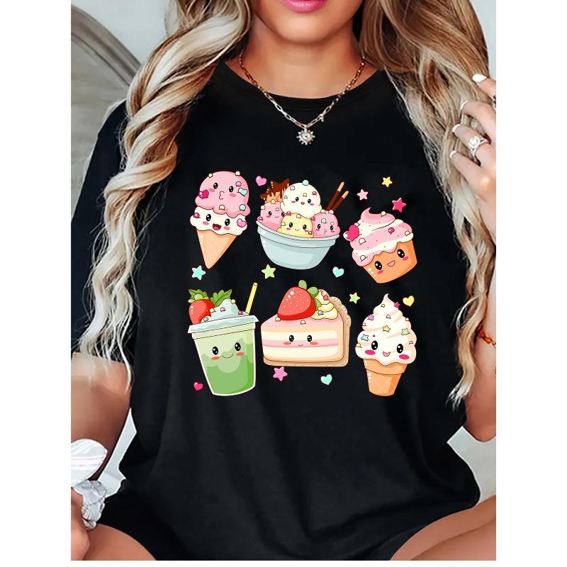 New Spring and Summer Round Neck Hoodie T-shirt Cute Dessert Cartoon Printed Pattern Round Neck Hoodie Women's T-shirt