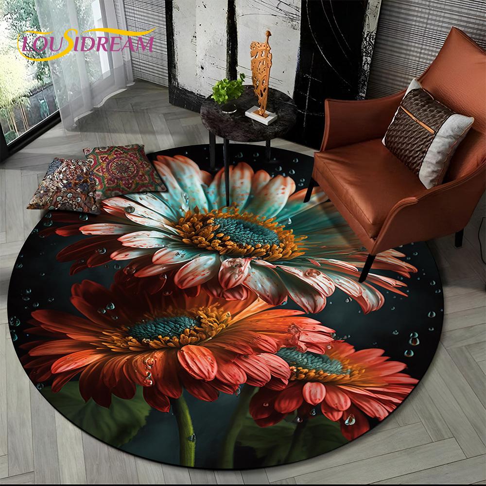 Luxuriöser Sonnenblumen 3D Rosen Nordische Gänseblümchen Runder Teppich Teppich für Wohnzimmer Schlafzimmer Sofa Dekor, Kinderbereich Teppich Rutschfeste Bodenmatte Geschenk