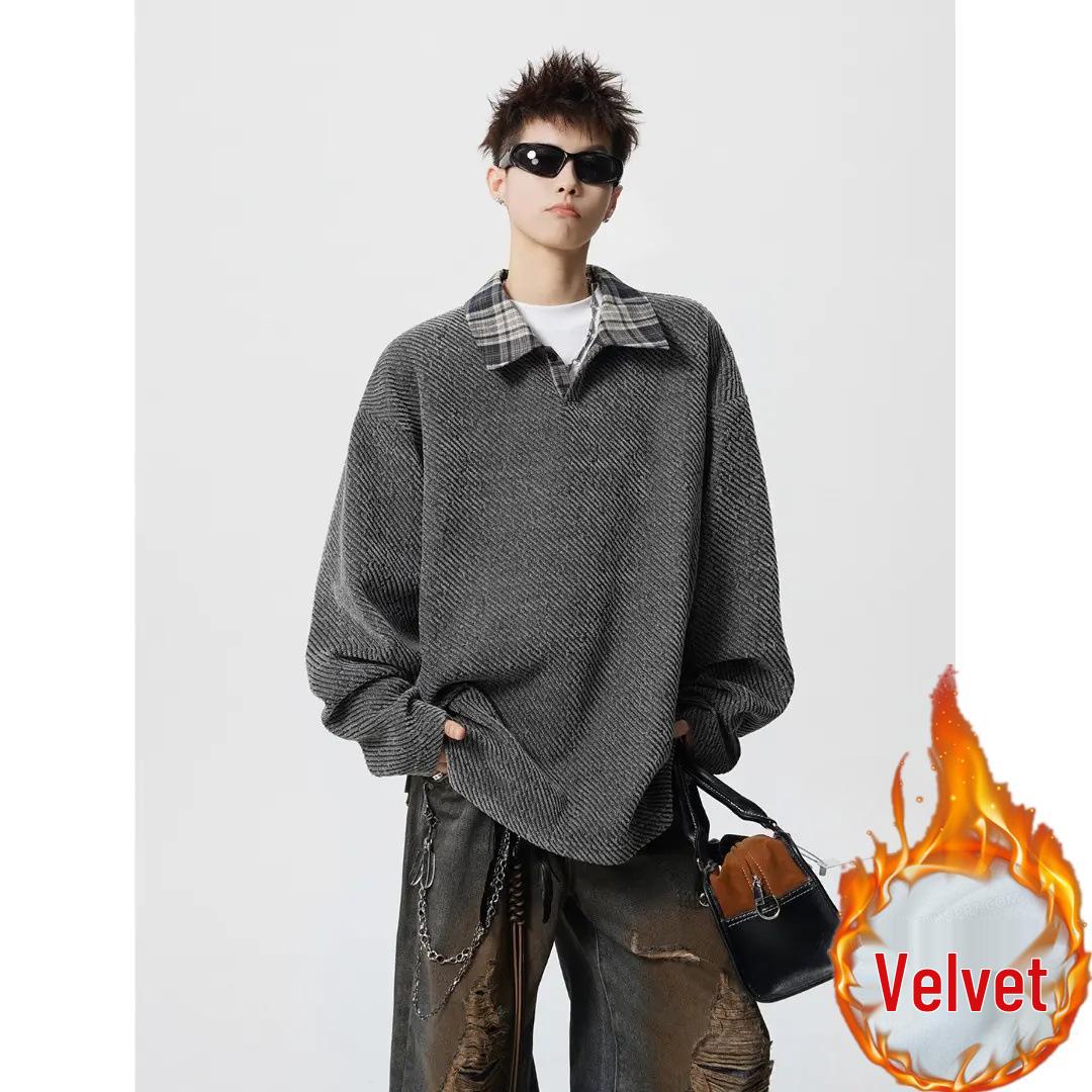 

Men s Geometric Color Block Knit Hoodie with Shirt Collar, American Style Diagonal Stripe, Fake Two-Piece Long Sleeve T-Shirt for Autumn/Winter. XL
