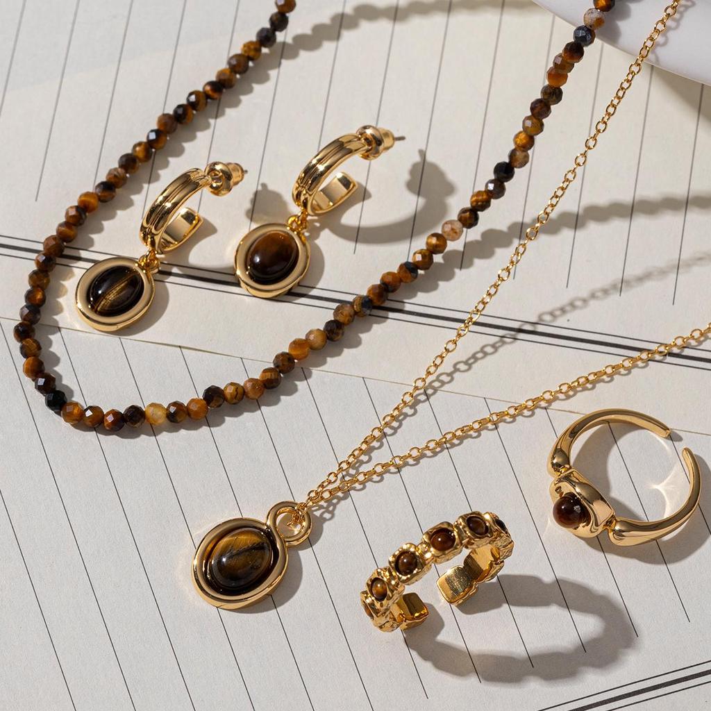 Elegant Retro Tiger's Eye Beaded Jewelry Set: Necklace, Earrings & Ring