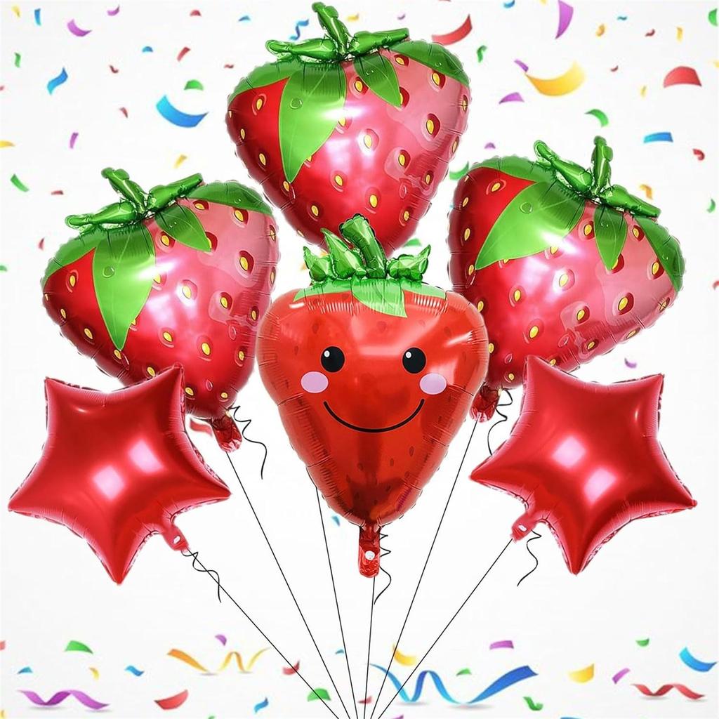 Conjunto de balões de papel alumínio com pentagrama de morango para decoração de festa de aniversário de meninas, decoração de jardim de infância para o dia das crianças