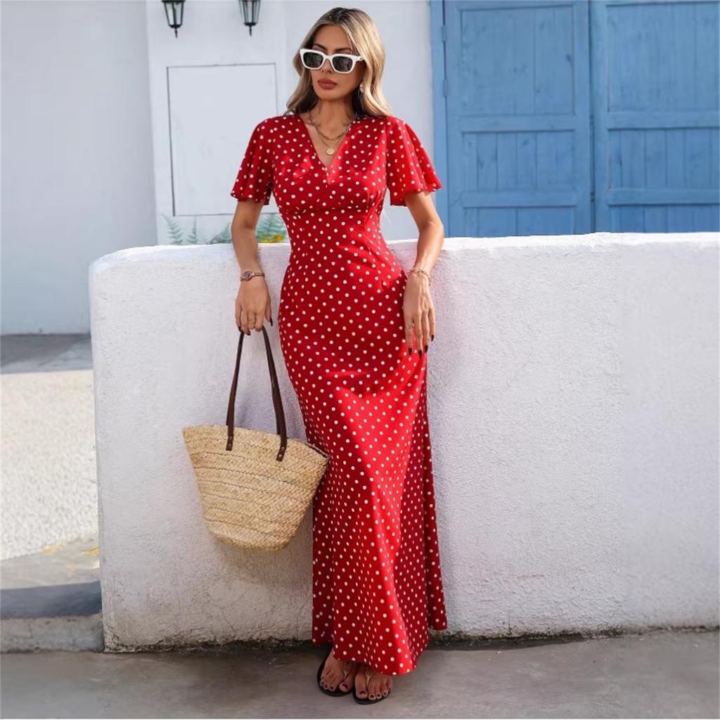 Women's Fashionable Casual V-Neck Backless Polka Dot Long Dress