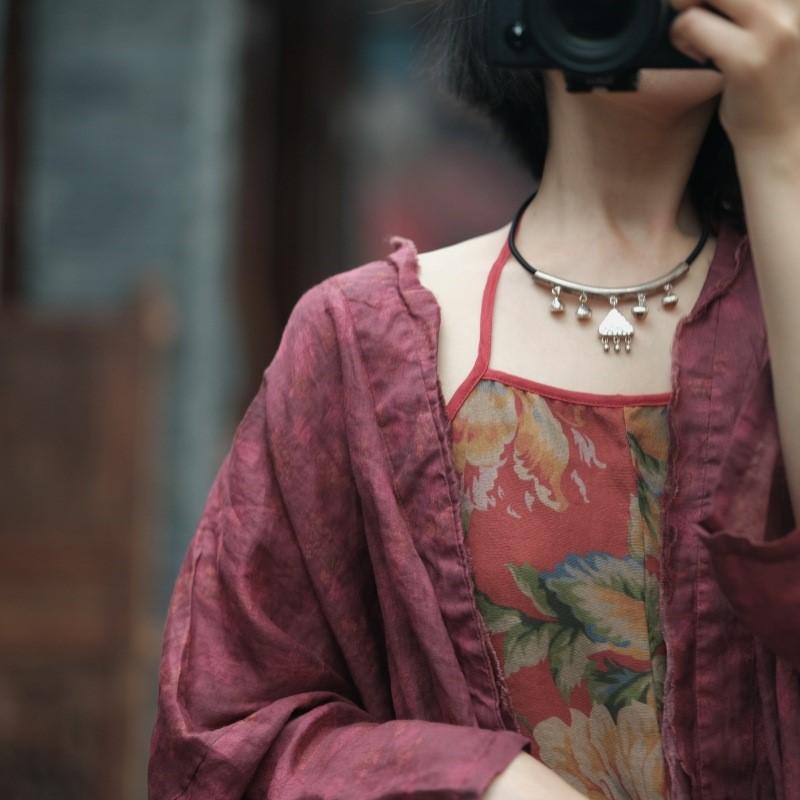 Johnature Herbst Frau Vintage Stil Leinen Lose V-ausschnitt Shirt Mode Drei Viertel Druck Retro Hemd