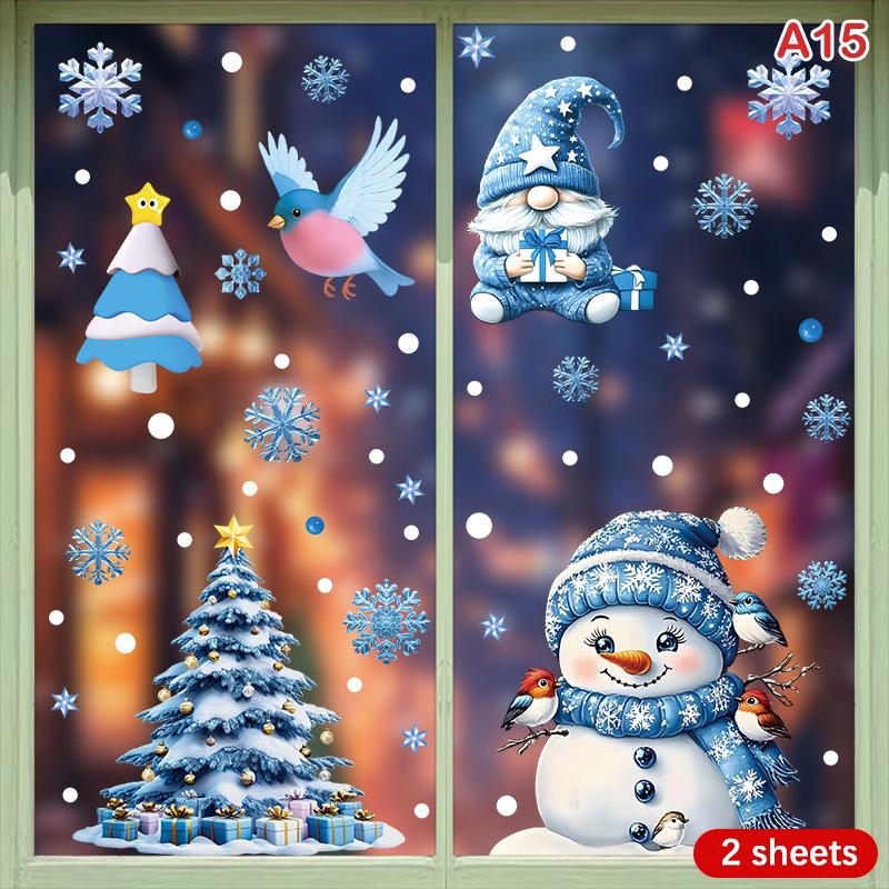 Christmas Blue Snowman Window Stickers Santa Claus Bird Snowflake Elk Ornaments Merry Christmas 2025 Happy New Year 2026