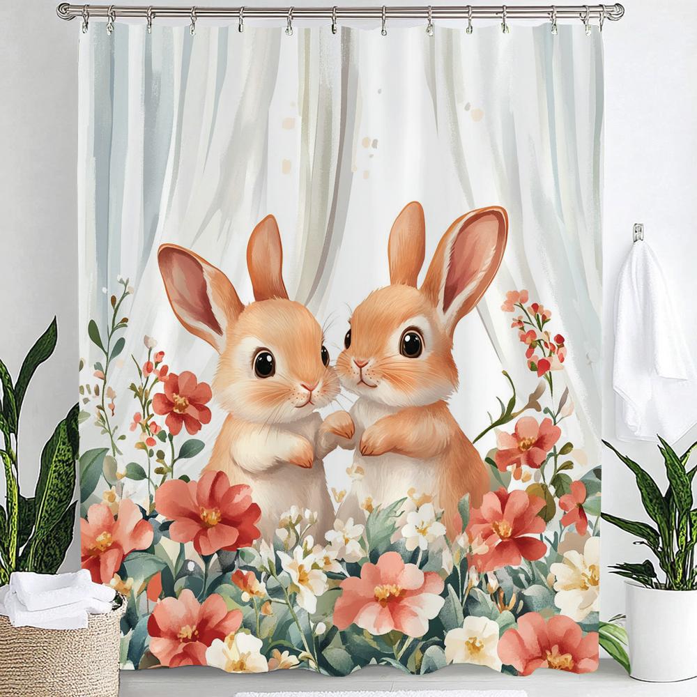 1pc Cute Rabbit Cheerful Shower Curtain, Flower Plant Print Waterproof Shower Partition Privacy Hanging Curtain with Hooks
