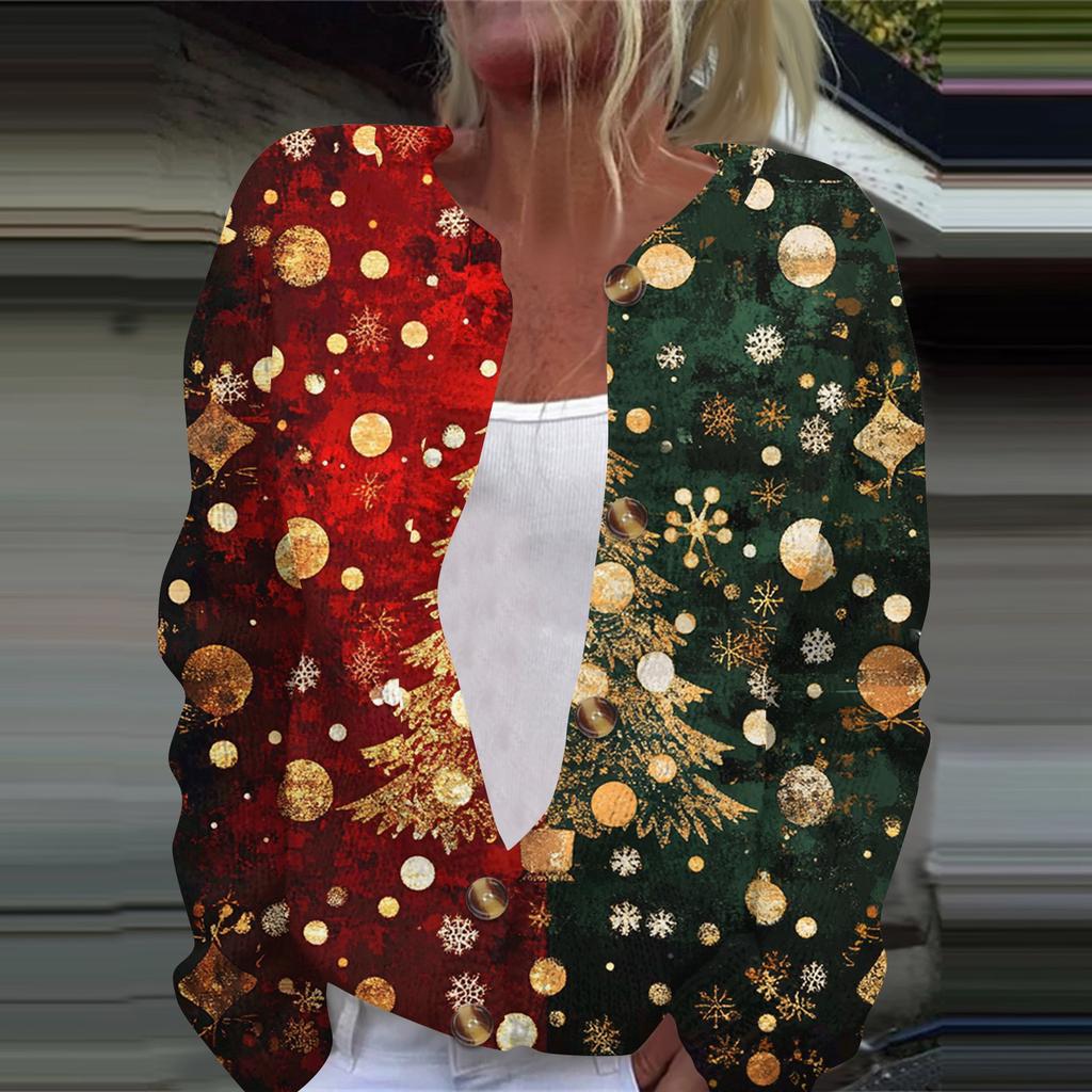 Women's Fashion Printed Long Sleeve Knitted Cardigan Button Down Jacket