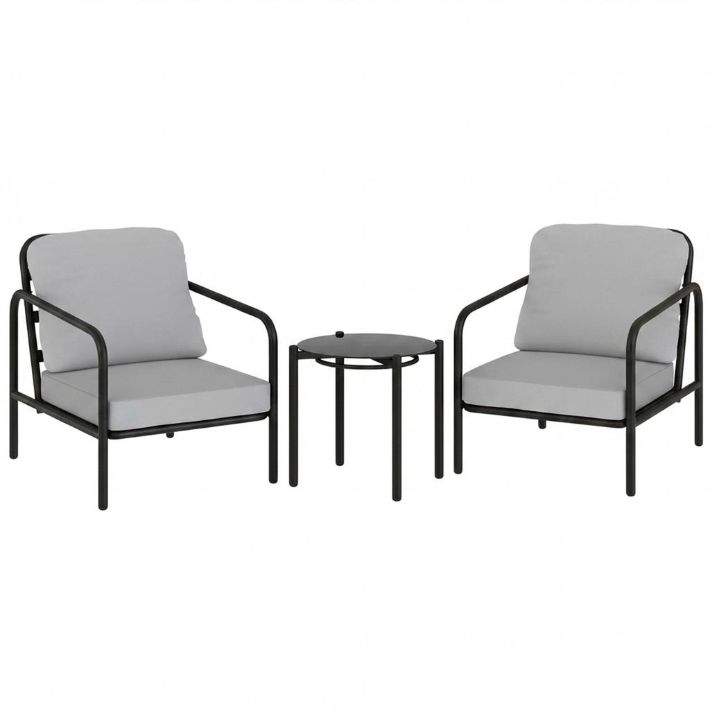 3-Piece Steel Bistro Set with 2 Chairs with Thick Cushions, Table with Black Tempered Glass Top