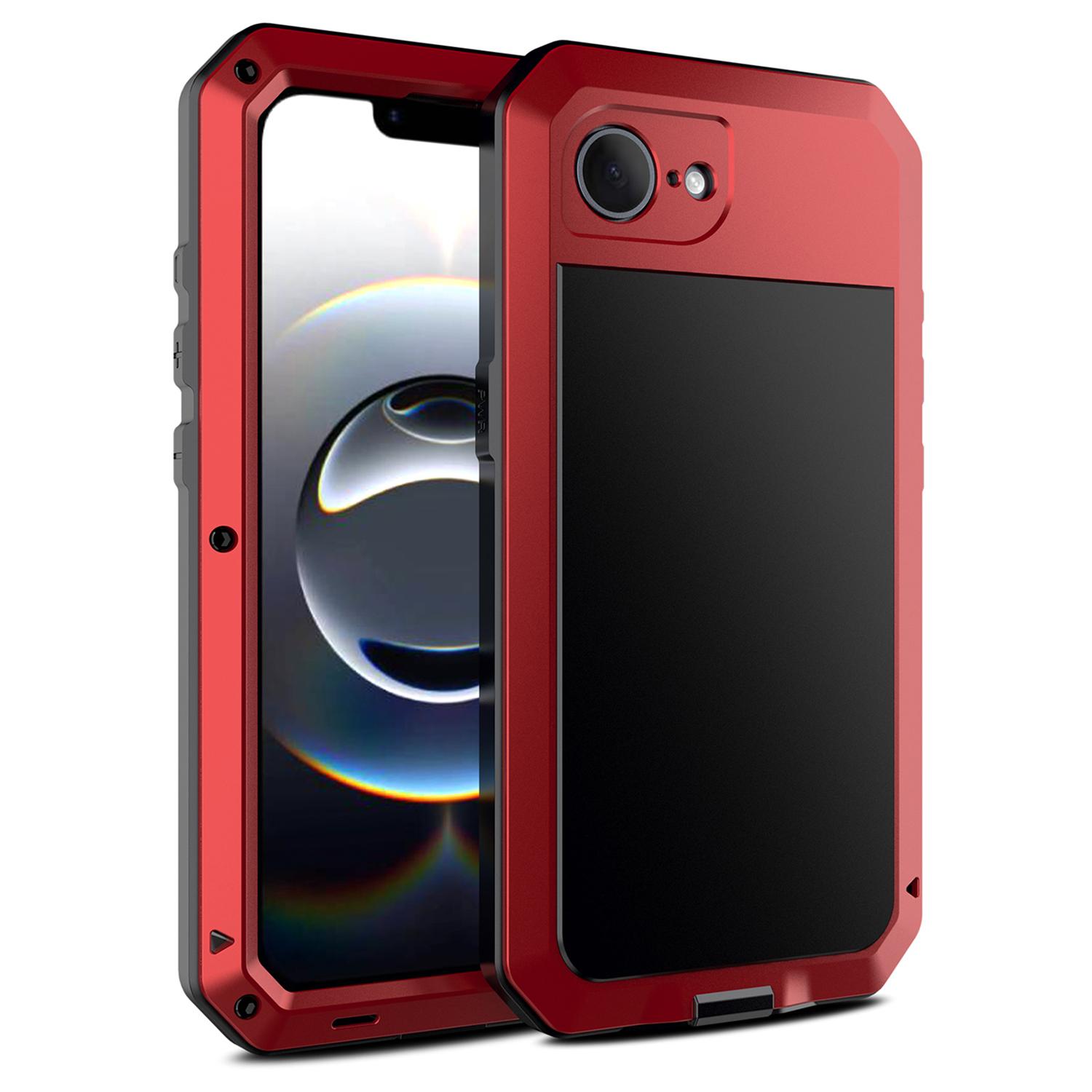 

For iPhone 16e Case Silicone+Metal Anti-Drop Phone Cover with Tempered Glass Film Red